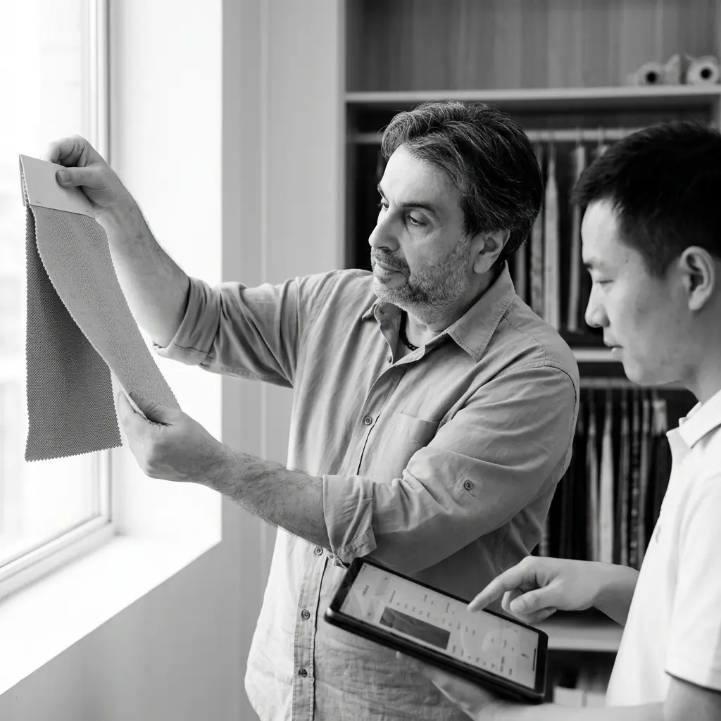 Ramez Basmaji holding a fabric swatch up to the window light while a colleague checks a tablet