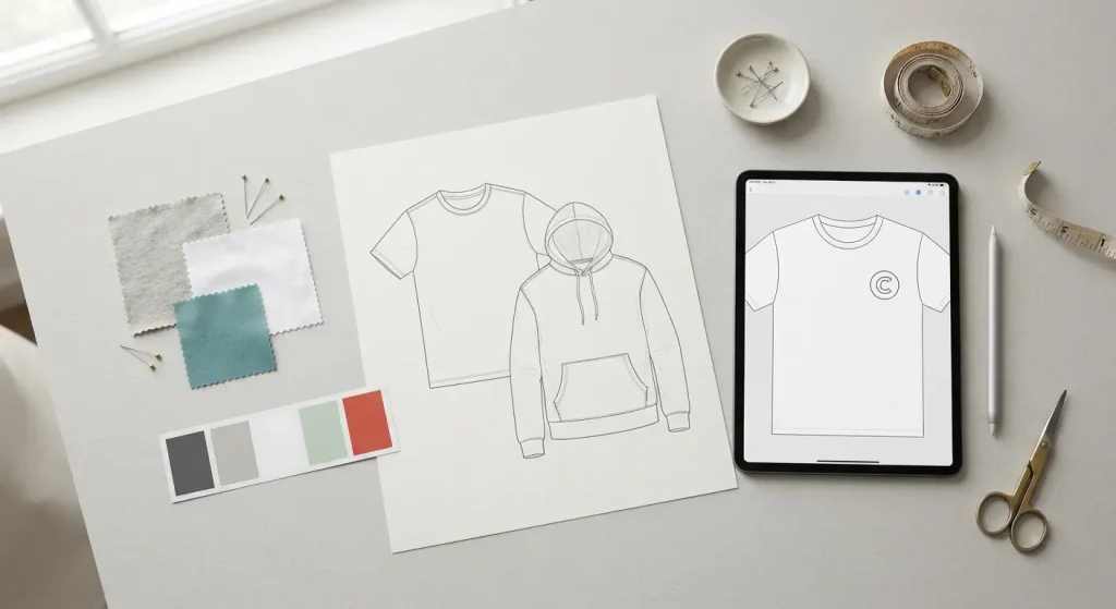 Flat technical sketches of a t-shirt and hoodie with fabric swatches and a colour palette on a design desk