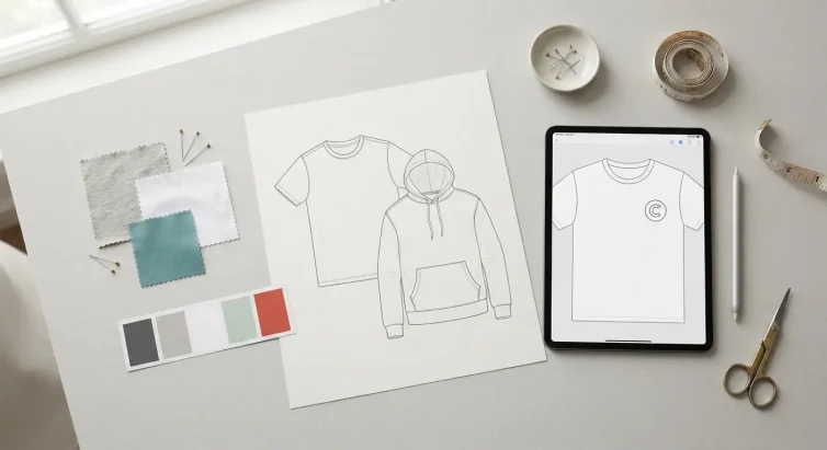 Flat technical sketches of a t-shirt and hoodie with fabric swatches and a colour palette on a design desk