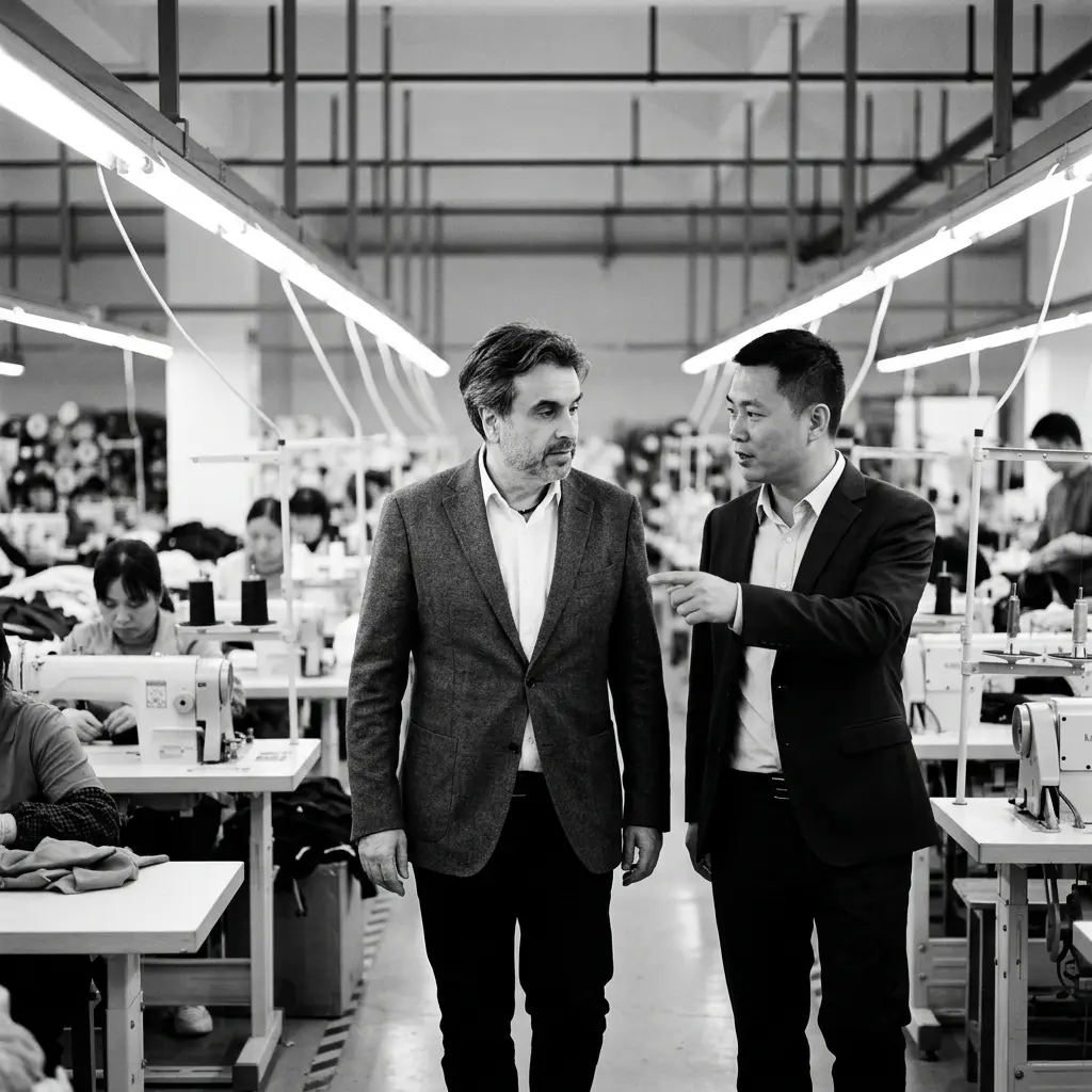Ramez Basmaji walking a garment factory floor with a factory manager