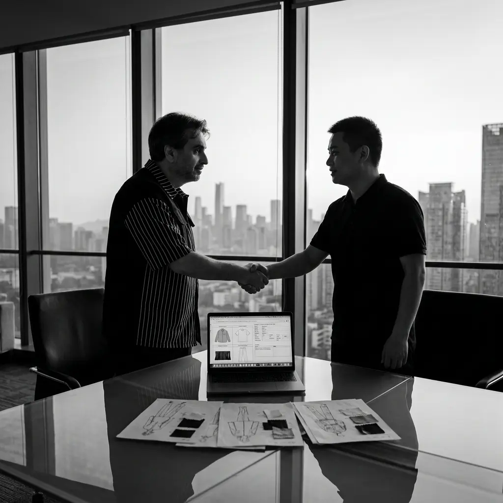 Ramez Basmaji shaking hands with a factory partner in an office above the city