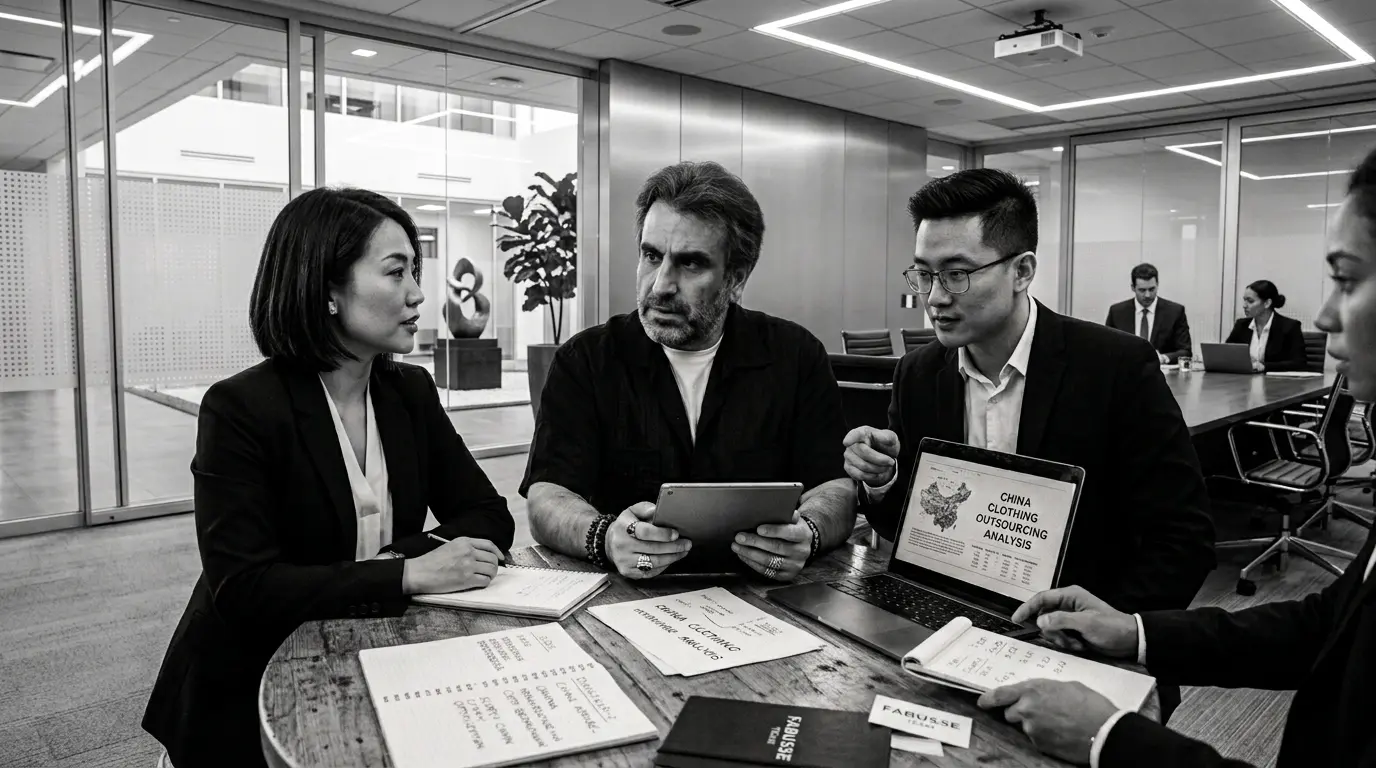 Ramez Basmaji in a meeting with a factory team reviewing documents and a tablet