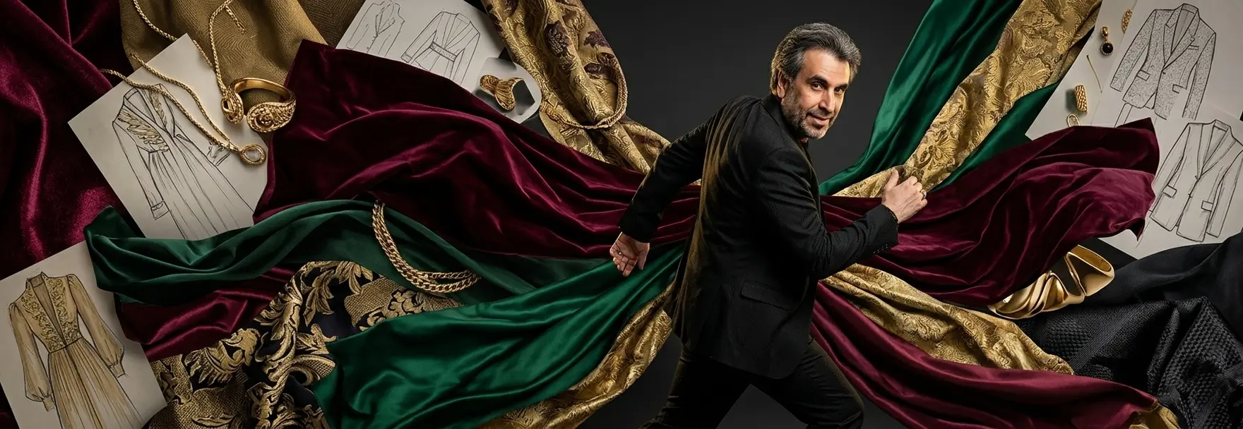 Ramez Basmaji striding through flowing velvet and brocade fabrics surrounded by fashion sketches and gold jewelry