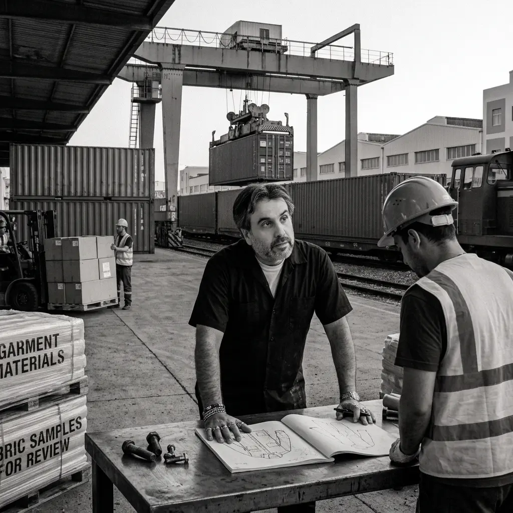 Ramez Basmaji checking shipping documents with a worker beside containers at a port