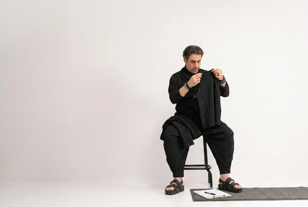 Ramez Basmaji inspecting a finished garment while seated on a stool