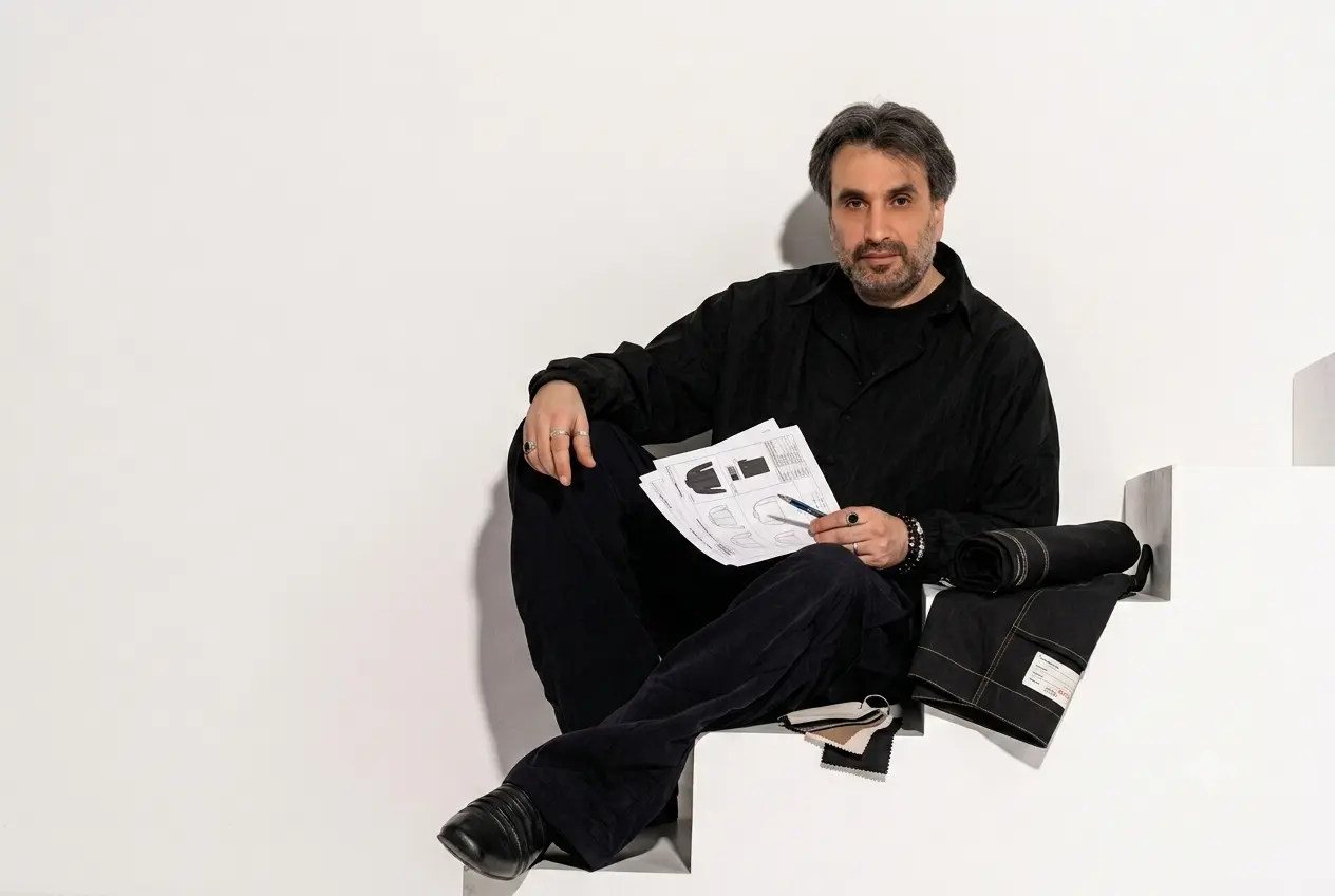 Ramez Basmaji seated on a step reviewing technical drawings beside fabric samples