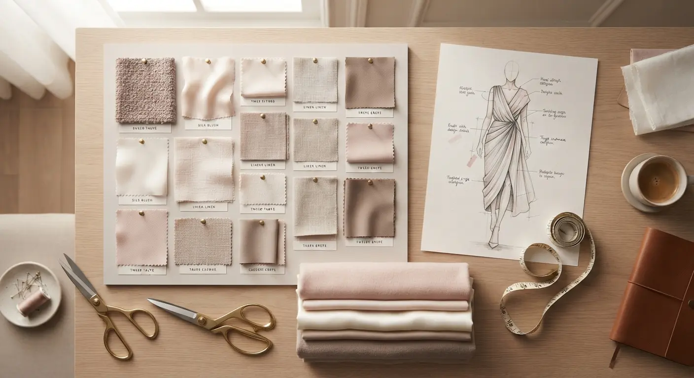 Fabric swatches and fashion sketches on a table