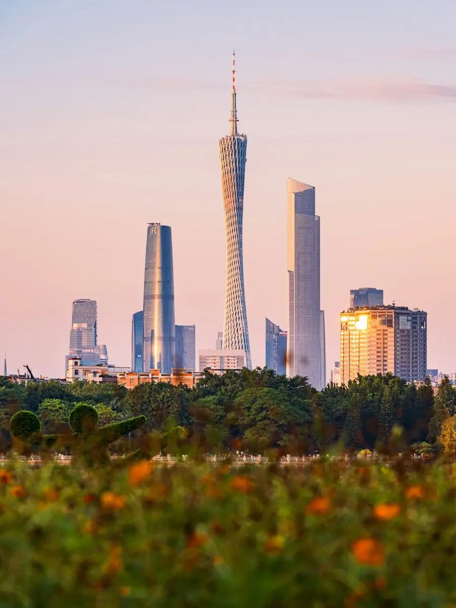 Canton Tower and the Guangzhou skyline at sunset