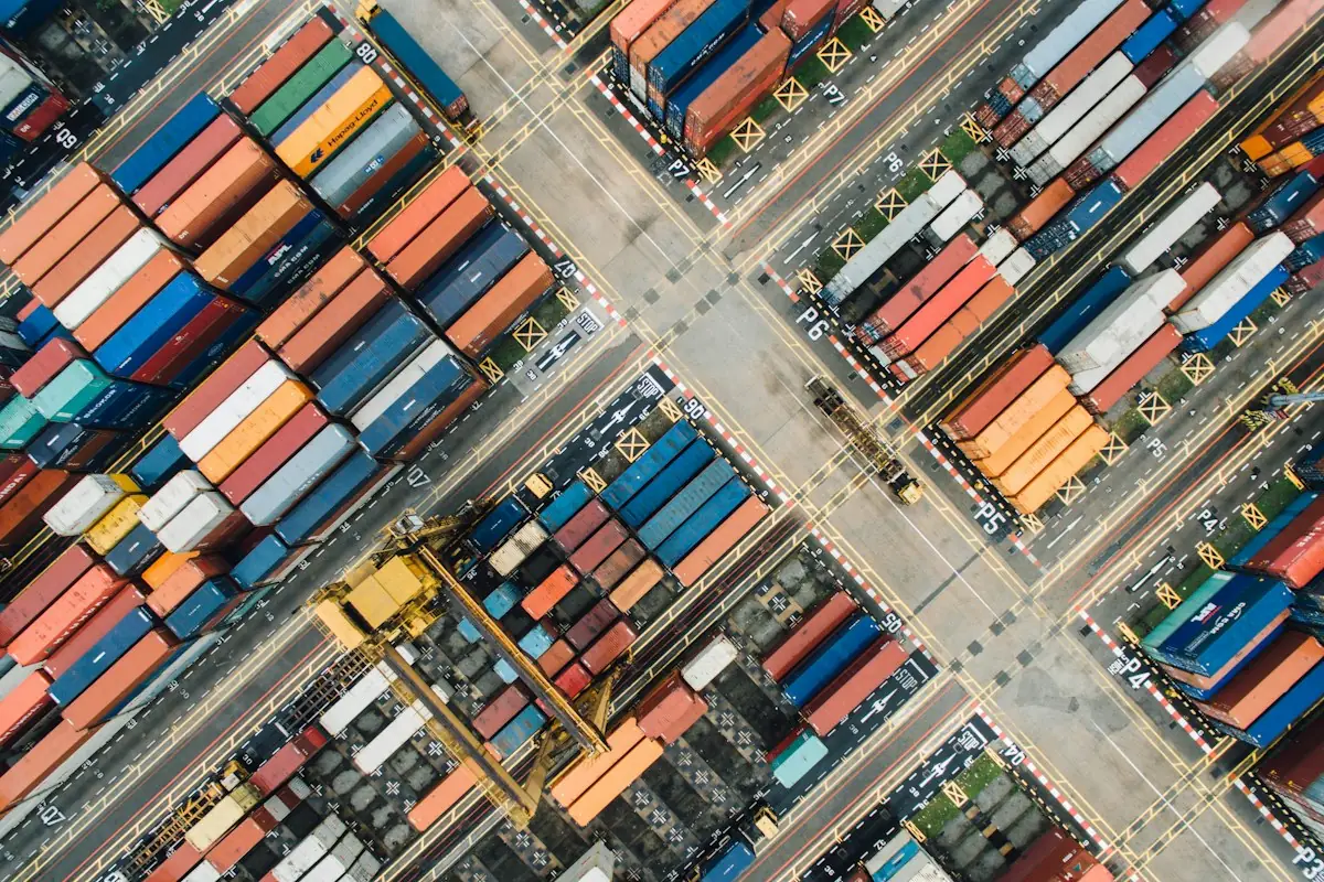 Aerial view of a container terminal with stacked containers