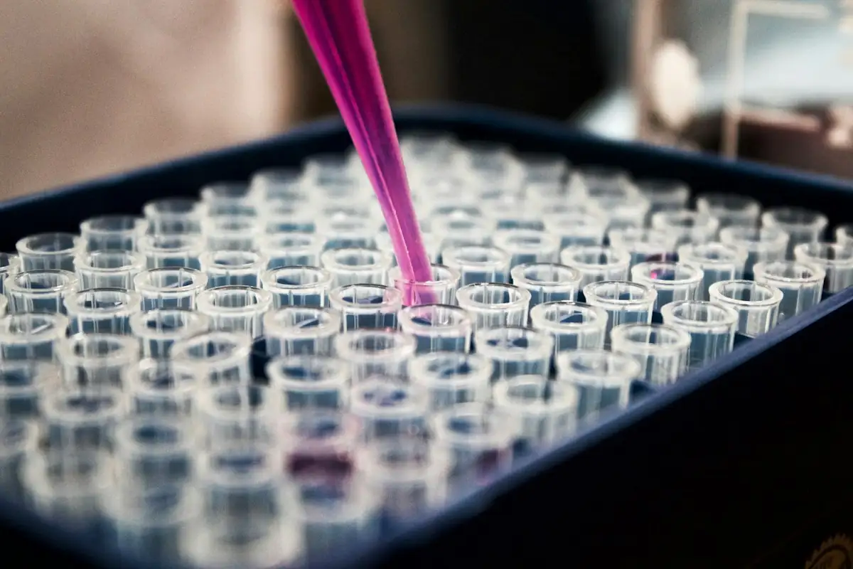 Pipette dispensing pink liquid into a tray of test wells