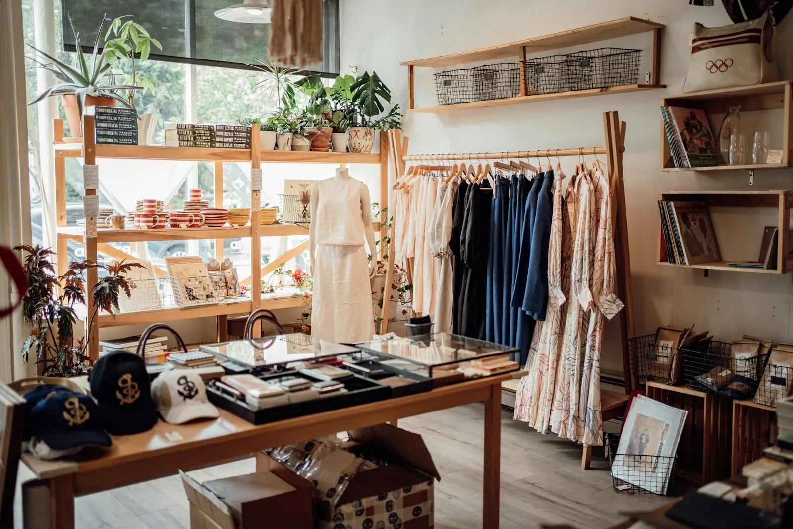 Boutique with clothing rails, hats and wooden shelves