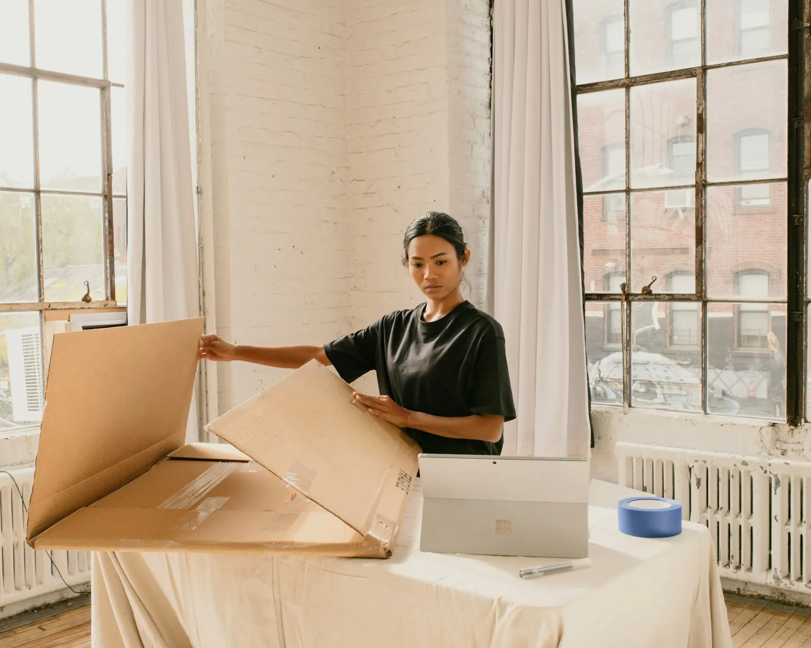 Founder packing a box in a bright studio