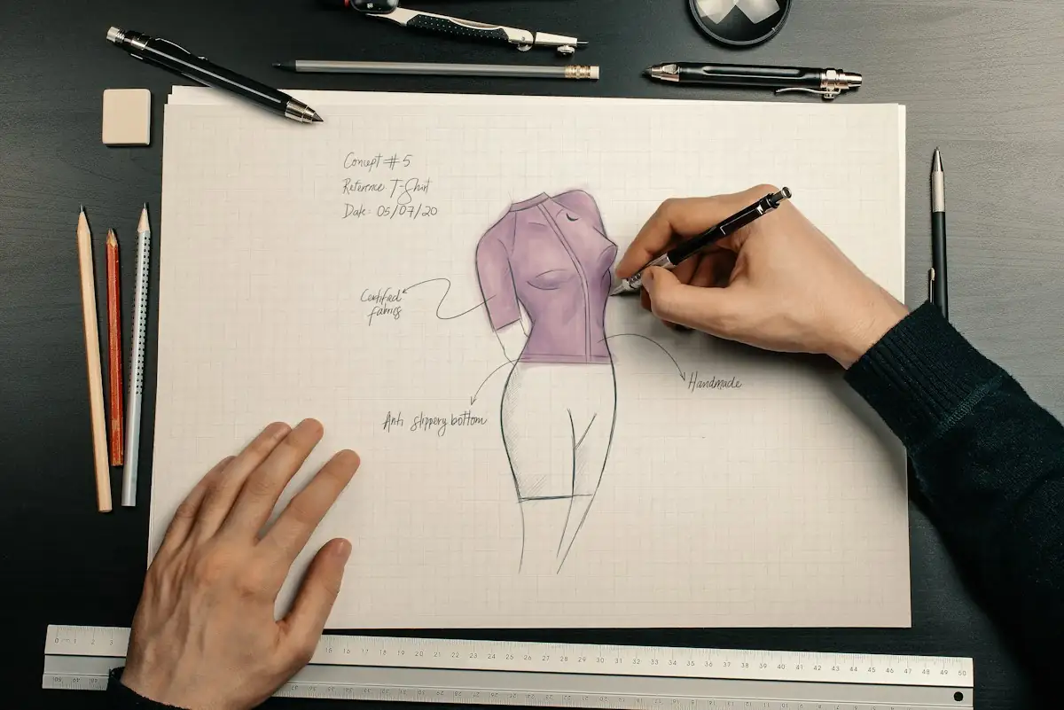 A hand drawing a fashion sketch on grid paper with colored pencils beside it