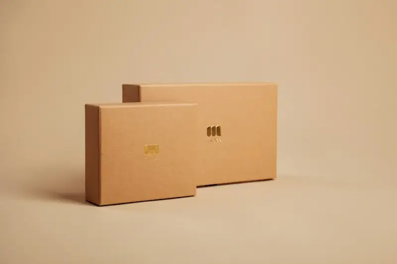 Two kraft paper outer boxes on a beige background