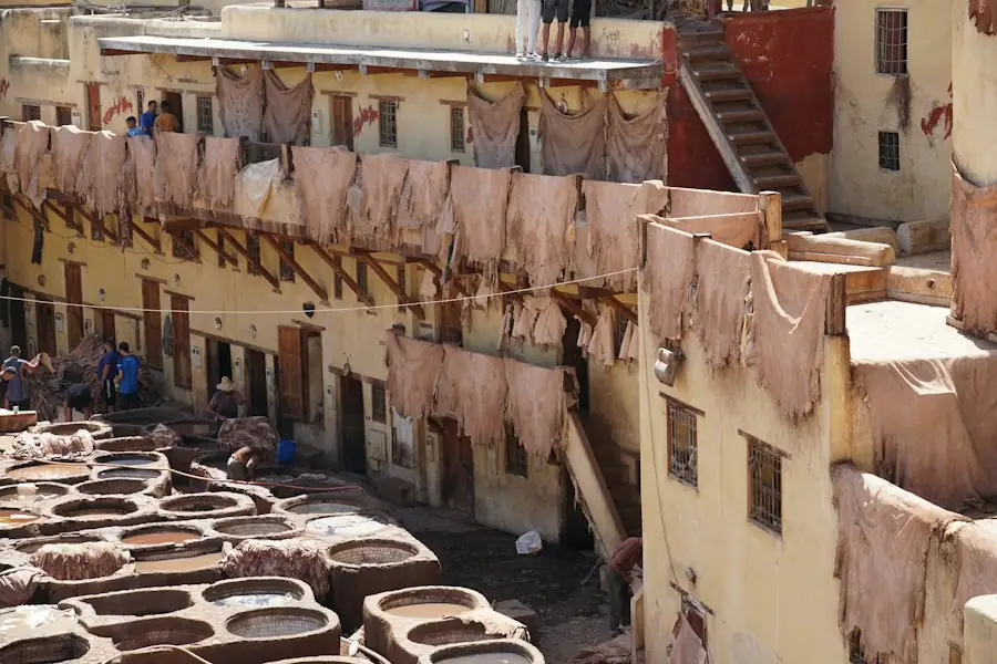 Leather hides drying above tannery dye pits