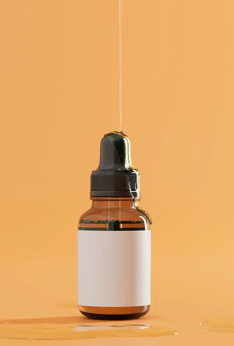 Amber serum bottle with a dropper on an orange background