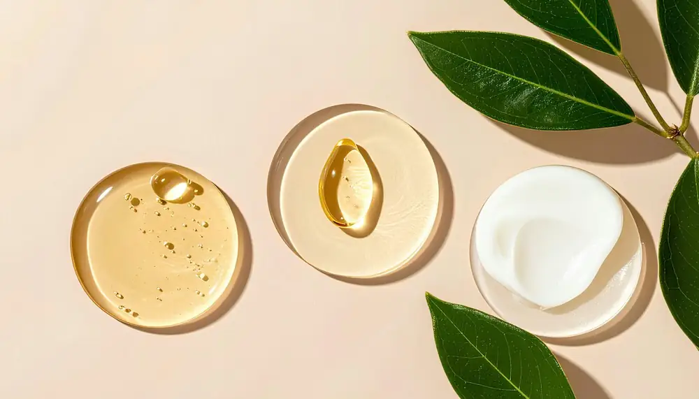 Drops of serum, oil and cream textures beside green leaves